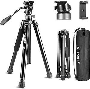 NEEWER 61.4" Video Travel Tripod with  /-10° Leveling Base Fluid Head (⌀37mm), Compact Metal Camera Tripod Stand with Quick Release Reversible Legs & Detachable Center Column, Arca Plate, TP61