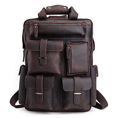 Tiding Mens Retro Full Grain Genuine Leather 17 Inch Laptop Backpack Multi Pockets Large Capacity Shoulder Bag Travel Bag Dark Brown