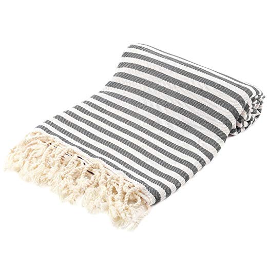 Striped Turkish Peshtemal Towel - Striped Beach Towel 39x71 inches - Hammam Towel - Turkish Towel - 100% Turkish Cotton (Grey)