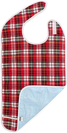 Adult Bib for Eating, Waterproof Clothing Protector with Crumb Catcher. Machine Washable, (Red Plaid)