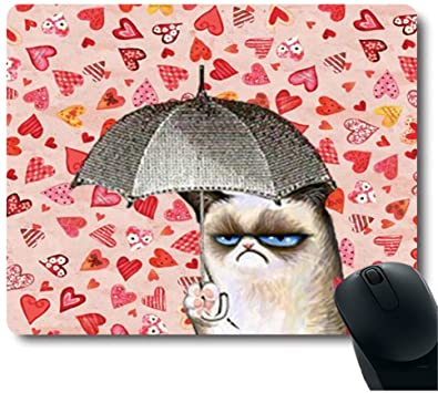 Cat Holding Umbrella in Pink Heart Rain Background Mouse Pad