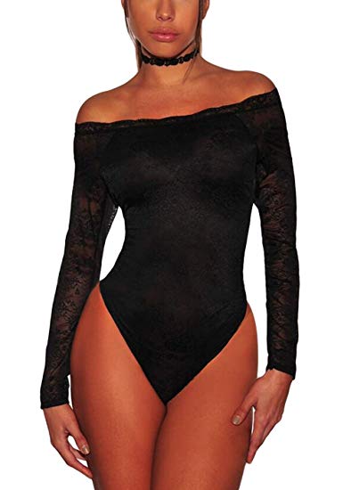 HUUSA Womens Black Sheer Mesh Long Sleeve Sexy Party Corset Bodysuit Tops