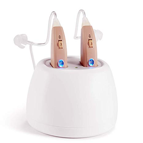 iBstone Hearing Amplifier Rechargeable Vive20, Digital BTE Hearing Aid with Noise Reduction, FDA Registered Personal Sound Amplifier Devices PSAP (Pair, Beige）