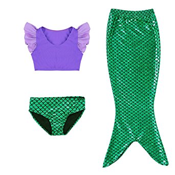 Little Girls Purple Sports Vest with Fin Swimmable Mermaid Tail Swimsuit Set