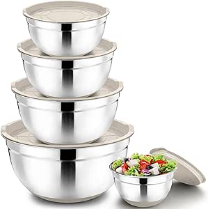 P&P CHEF Mixing Bowls with Lids Set of 5, Stainless Steel Nesting Bowl with Khaki Lid & Base for Non-slip Mixing Prepping Storing Serving, 5 Sizes-7/3.5/2.5/1.5/1 QT