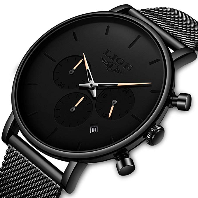 Mens Watches LIGE Fashion Sports Black Stainless Steel Analog Quartz Watch