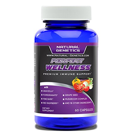 Immune System Vitamins PERFECT WELLNESS, Complete Natural Immune Boosting Formula, Includes Graviola, Pomegranate, Pine Bark, Red Raspberry, Grape Seed, Mushroom Complex and More. 60 Capsules.