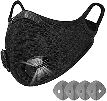 Reusable Face Masks with Valve, Washable Sports Masks with 4 Filter Activated Carbon Mask Suitable for Adults Running, Cycling, Outdoor Activities