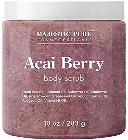 Majestic Pure Acai Berry Body Scrub - All Natural, Exfoliates, Moisturizes, and Nourishes Skin - Reduces the Appearance of Cellulite - 10 oz