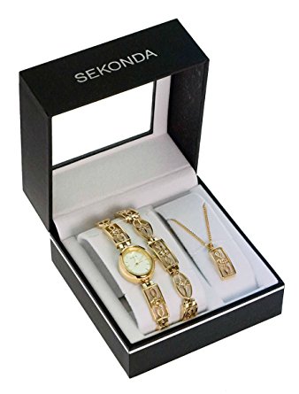 Sekonda Ladies Gold Plated Watch Stone Set Bracelet & Pendant Gift Set 4534G