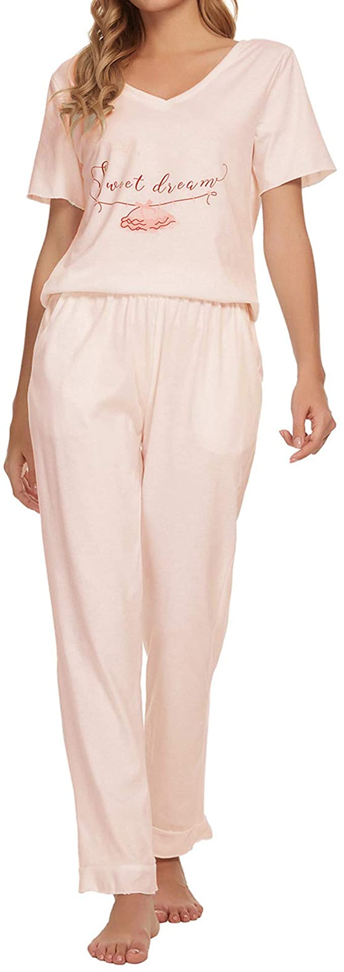 TOP-MAX Womens Pajama Set Short Sleeve Sleepwear Nightwear Soft Pjs Lounge Sets S-XXXL