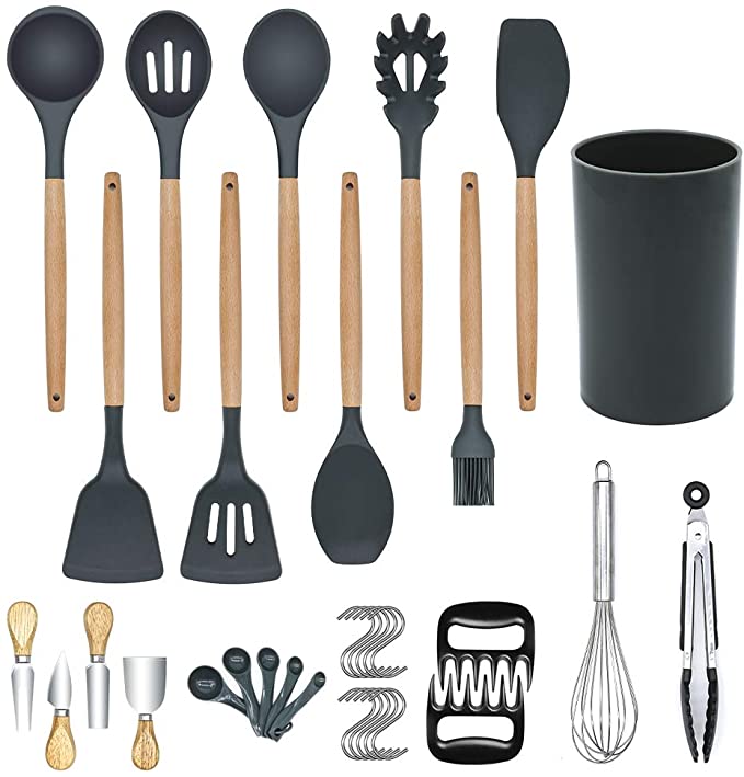 ÁTOMO OLA Silicone Cooking Utensils Kitchen Utensil Set with Holder - 33 Pcs Wooden Handle Cooking Utensils Set BPA Free Non Toxic Silicone Kitchen Utensils, Best Kitchen Tools Gifts.