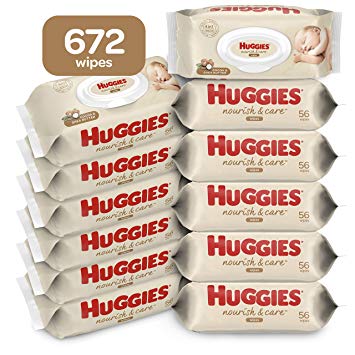 Huggies Nourish and Care Baby Wipes, Scented, Water-Based, 12 Flip-top Packs of 56 (672 Wipes Total), 672 Count