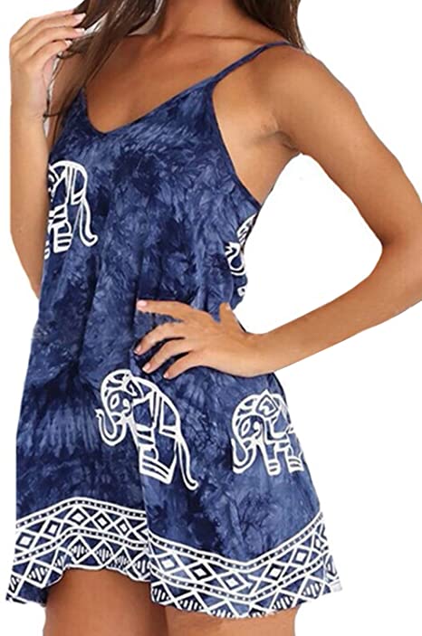 ZANZEA Women's Sleeveless Elephant Printed A-Line Sundress Party Short Mini Dress Blue US 16