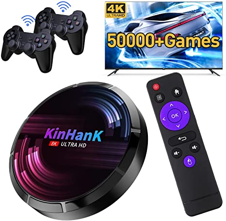 Kinhank Super Console X Max Game Console with 50000  Games,EmuELEC 4.3/Android 9.0/CoreELEC 3 Systems in 1,4K UHD Output,Compatible with PS1/PSP/DC/SEGA Saturn, 2.4G 5G Dual Band WiFi (128GB)