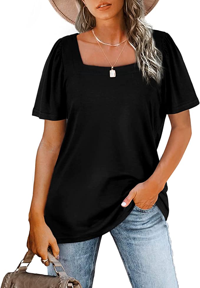 Aokosor T Shirts for Women Square Neck Tops Ladies Puff Sleeve Summer Casual Tee