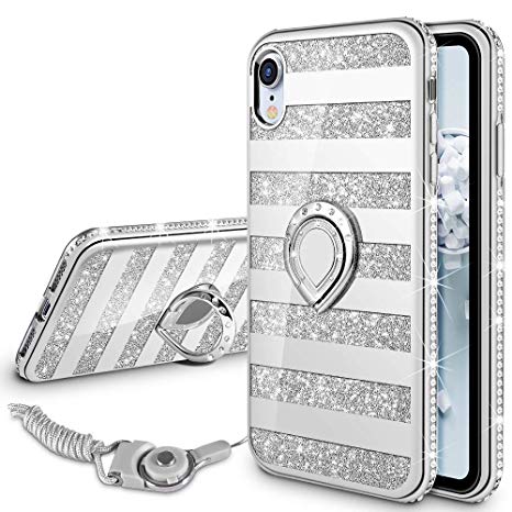VEGO Case Compatible with Apple iPhone XR 6.1 inch, iPhone XR Glitter Case Bling Sparkly Fashion Diamond Rhinestone with Kickstand Ring Grip Holder for Girls Women for iPhone XR(Stripe Silver)