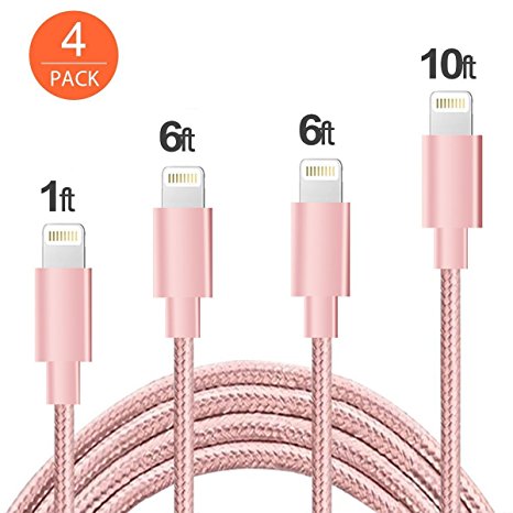 Lightning Cable, 4Pack 3FT, 6FT, 6FT, 10FT certified nylon braided cable iPhone cable through the iPhone 7/8, 7 Plus, 6S, 6  , SE, 5S, 5, iPad Air / Mini, iPod Nano 7 USB charging cable Rose gold