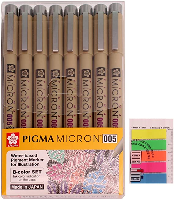 Sakura Pigma Micron Fineliners Pen High Light Soft Head Pen Manga Drawing- Assorted Color 8 Pens (005-Assort Color) -Include Index Tape