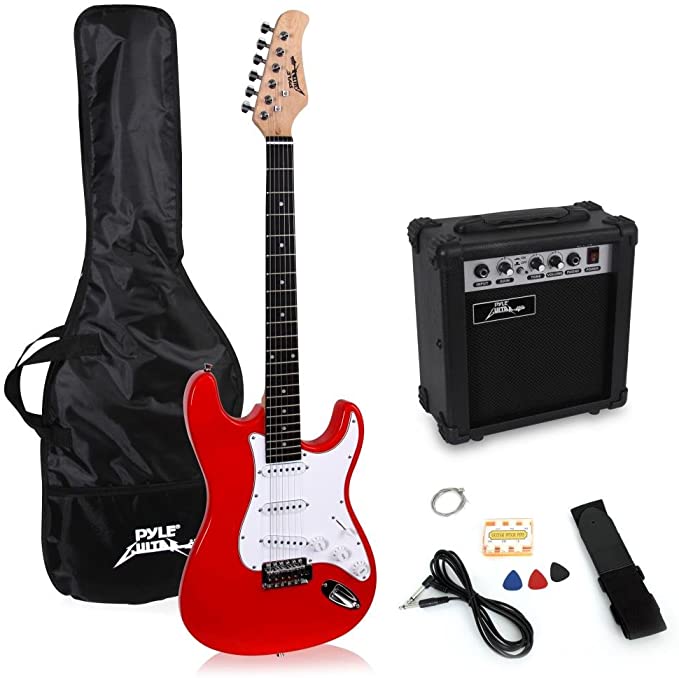 PylePro Full Size Electric Guitar Package w/ Amp, Guitar Bundle, Case & Accessories, Electric Guitar Bundle, Beginner Starter Package, Strap, Tuner, Pick, Ready to Use Out of the Box, Red (PEGKT15R)