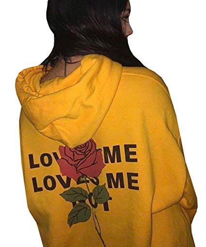 Dellytop Long Sleeve Pullover Hoodies Sweatshirts Coats with Pocket Printed Rose on Back