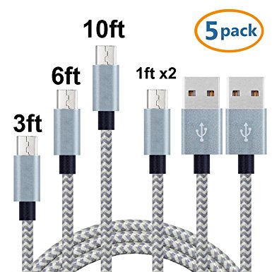 SHARPALIN 5 Pack(2x1ft 3ft 6ft 10ft) Nylo Braided USB 2.0 A Male to Micro USB Male Cable Data Sync Cable Cord For Android Samsung Blackberry Smartphones and Tablets (5pack micro usb cable)