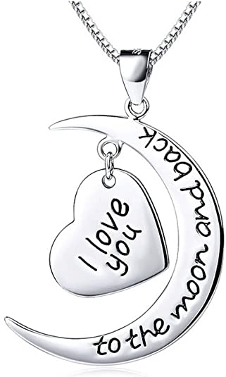 LK S925 Sterling Silver I Love You to The Moon and Back Heart Charm Women Jewelry Pendant Necklace 18"