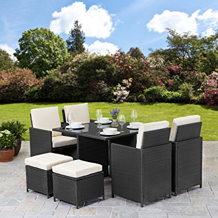 Rattan Cube Garden Furniture Set 8 seater outdoor wicker 9pcs (Black)