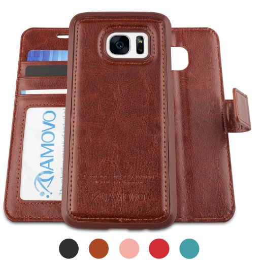 Amovo Galaxy S7 Edge Case Detachable Wallet Folio 2 in 1 Premium Vegan Leather S7 Edge Wallet Case with Leather Strap Gift Box Package Brown