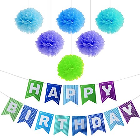 Happy Birthday Decoration Banner For Boy’s Birthday With Tissue Paper Pom Poms Flower