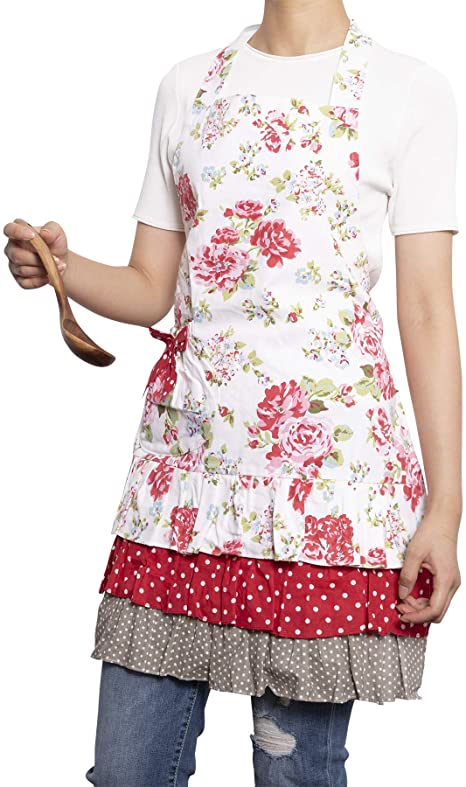 NEOVIVA Kitchen Aprons for Women with Pocket, Old-Fashioned Canvas Bib Apron for Cooking, Baking, BBQ and Gardening, Style Doris, Floral Lollipop Red