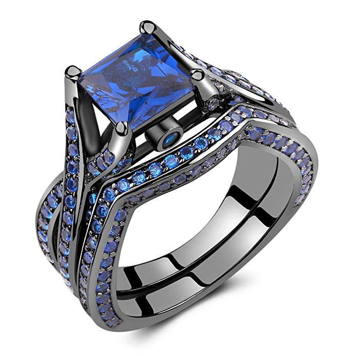 Caperci Black Sterling Silver 925 Princess-Cut Created Blue Sapphire Solitaire Wedding Engagement Ring Set
