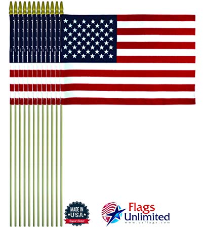Flags Unlimited Lot of 12 12x18 Inch US American Hand Held Stick Flags Spear Top Made in the USA