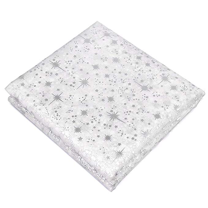 Rectangular Tablecloth 60 Inch by 120 Inch. Christmas Theme Semi-Transparent White Background with Silver Stars and Snowflakes. Made with 100% Polyester Machine Washable. Perfect for Holiday Banquets.