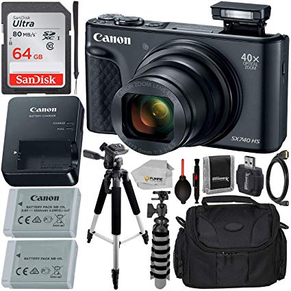 Canon PowerShot SX740 HS Digital Camera with Essential Accessory Bundle – Includes: SanDisk Ultra 64GB SD Memory Card, Extended Life Replacement Battery, Carrying Case, 57” Professional Tripod & More