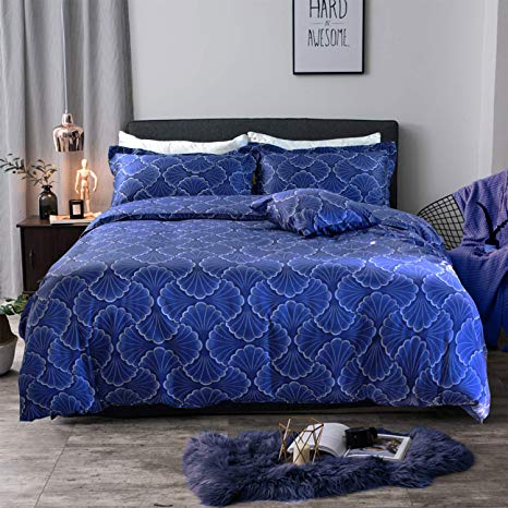 Softta Luxury Duvet Cover Queen Size 1000 Thread Count Navy Blue 3Pcs Egyptian Cotton Set, Pattern Ginkgo Leaf