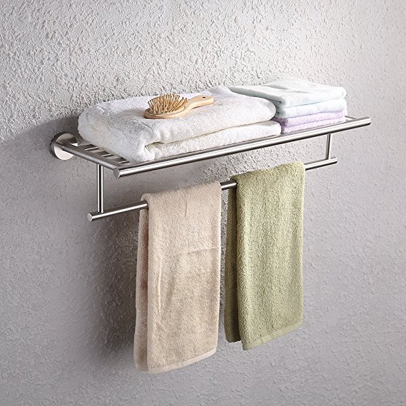 KES 24-Inch Large Towel Rack with Shelf Stainless Steel Single Towel Bar Dual Hanger Storage Organizer Modern Style Wall Mount Brushed Finish, A2010S60-2