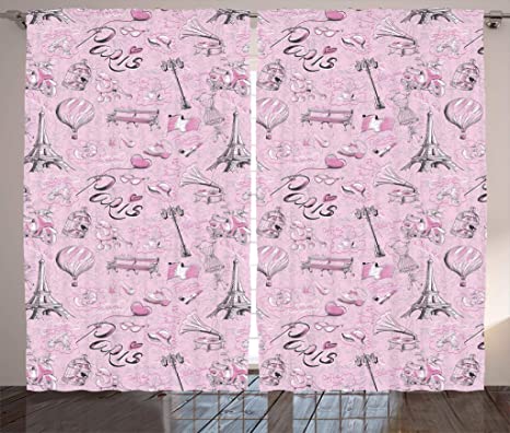 Ambesonne Paris Curtains, Paris Themed Sketch Art with Bike Dog Shoes Lantern Hot Air Ballon Bird Cage, Living Room Bedroom Window Drapes 2 Panel Set, 108" X 90", Pink Black