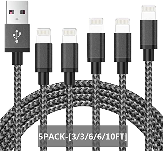 CredDeal MFi Certified iPhone Charger, Lightning Cable Pack of 5 - [3/3/6/6/10FT] Nylon Braided Fast Charging Data Sync USB Cord Wire Compatible iPhone 12/11/Pro/Xs Max/X/8/7/Plus/6S/6/SE/5S