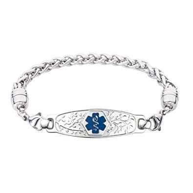 Divoti Custom Engraved Beautiful Olive Medical Alert Bracelet -Wheat Stainless -Deep Blue
