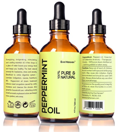 Top Rated Peppermint Oil by Eve Hansen - 4 floz - Safe For Ingestion - 100 Natural and Undiluted It Works or Money Back Therapeutic Grade Essential Oil with Glass Dropper and Detailed Users Guide