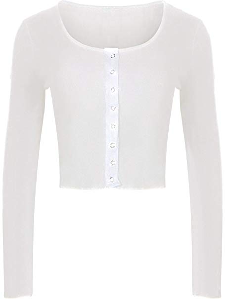 Women's Tops, Large Round Neck Top Long Sleeve Button Crop Top Cardigan