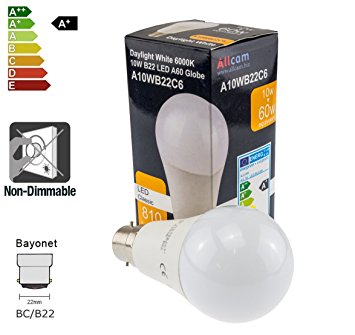 Allcam 10W B22 LED Bulb GLS Bayonet LED Lights, Ultra Bright 810 Lumen, 270° Beam Angle, replaces incandescent 60W-70W A60 Globe Bulbs 6000K Daylight Cool White