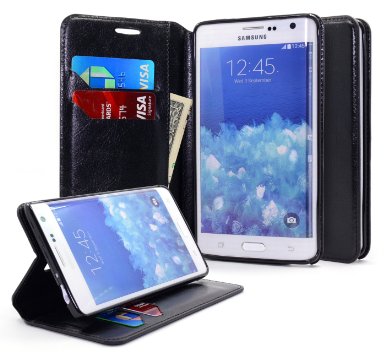 Note Edge Case, NageBee - Premium PU Leather Flip Fold Wallet Pouch for Samsung Galaxy Note Edge (Leather Black)