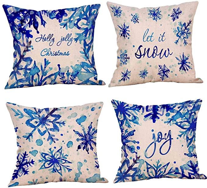 Blue Christmas Snowflake let it Snow Cotton Linen Decorative Throw Pillow Case Cushion Cover Pillow case 18" X18 Throw Pillow Cover, Set of 4