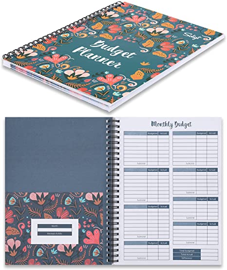 Monthly Financial Budget Planner (Undated) with 12 Pockets for Income, Debt, Saving, Expense and Bill Tracker Organizer, Blue, Spiral Design