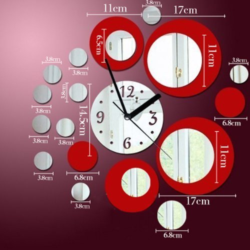 3D Clock Mirror Wall Sticker NYKKOLA Removable Diy Acrylic 3D Mirror Wall Sticker Decorative Clock,Red and Silver