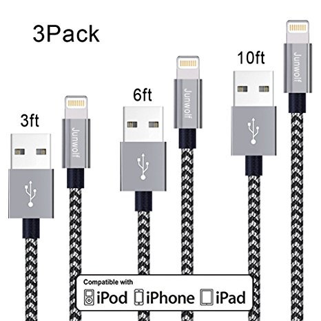 iphone chargers,Junwolf 3Pcs 3ft/6ft/10ft Extra Long Nylon Braided Cord Lightning Cable USB Charging Charger for iPhone 7/7 Plus/6s plus/6s/6 plus/6, 5s, iPad Air/Pro/Mini, iPod nano/touch (BK Gray)