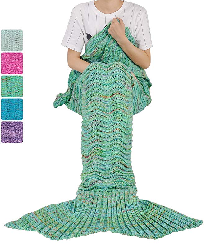 Mermaid Tail Blanket for Teen Girls with Anti-slip Neck Strap Wave Pattern | Soft Sleeping Bag for All Seasons Green