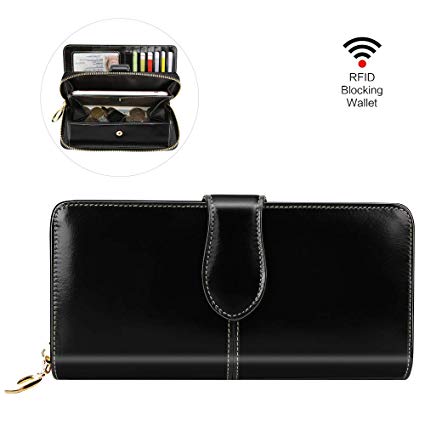 Wallets for women, EGRD Woman's RFID Blocking Large Capacity Luxury Wax Genuine Leather Clutch Wallet, 11 Card Slots, 1 Coin Pocket, 1 Zipper Phone Case with Gift Box for Birthday& Christmas Gifts